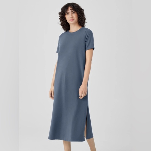 EILEEN FISHER Medium Pima Cotton Stretch Jersey Crew Neck T-Shirt Dress in Dusk - Picture 1 of 4